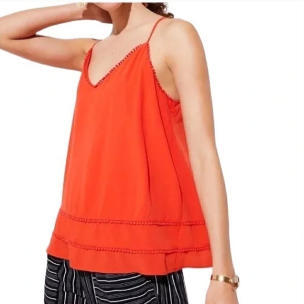 LOFT V-Neckline Racerback Lined Pom Pom Trim Camisole Top Tangerine Sz M #30J